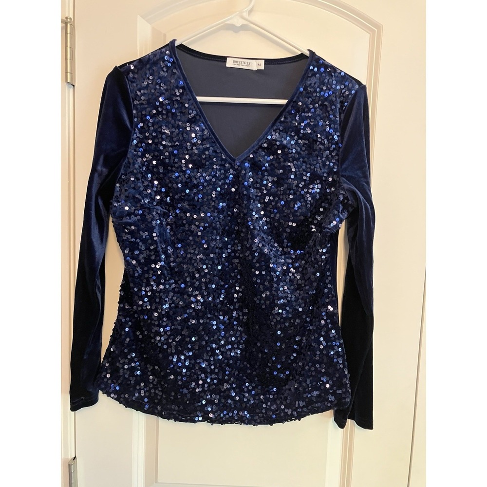Dresstells Sequin Velour Top Women Medium Blue Like New V-Neck Long Sleeve C502